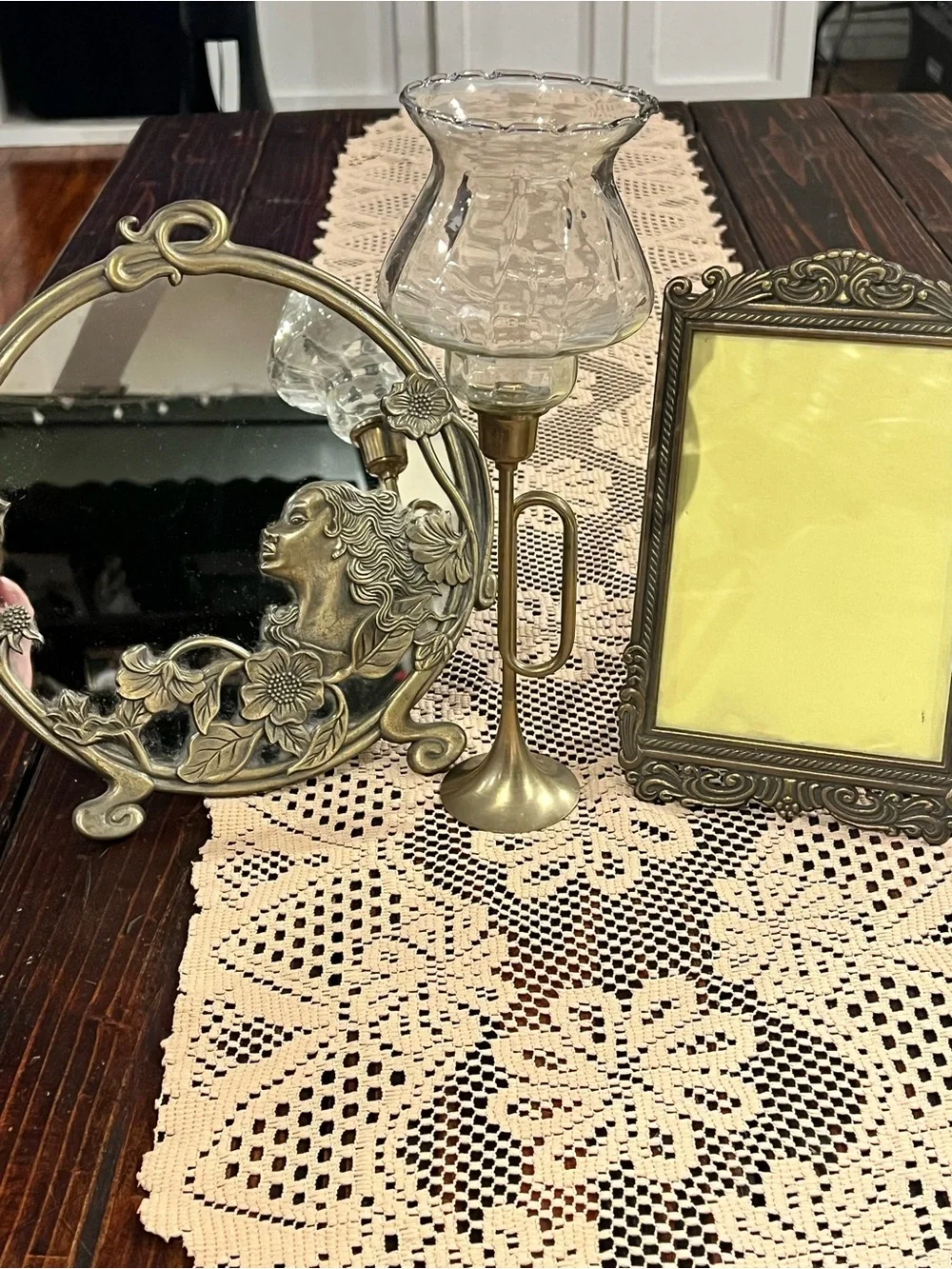 Antique-Style Brass Decorative Mirror with Floral Relief - Brass Finish